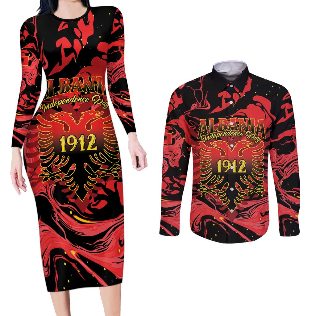 Happy Albania Independence Day Couples Matching Long Sleeve Bodycon Dress and Long Sleeve Button Shirt Albanian Eagle - Wonder Print Shop
