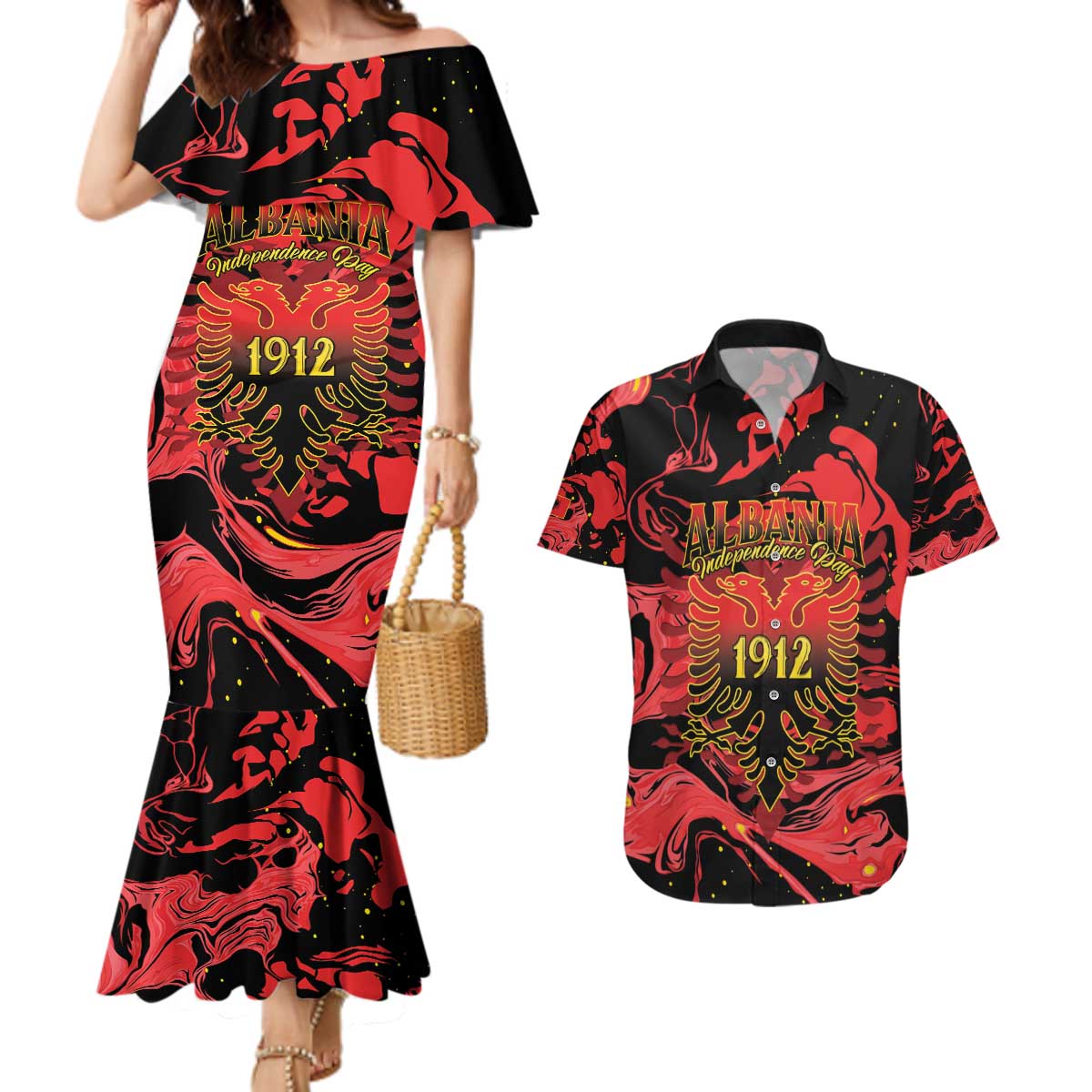 Happy Albania Independence Day Couples Matching Mermaid Dress and Hawaiian Shirt Albanian Eagle - Wonder Print Shop