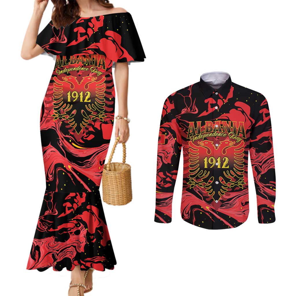 Happy Albania Independence Day Couples Matching Mermaid Dress and Long Sleeve Button Shirt Albanian Eagle - Wonder Print Shop