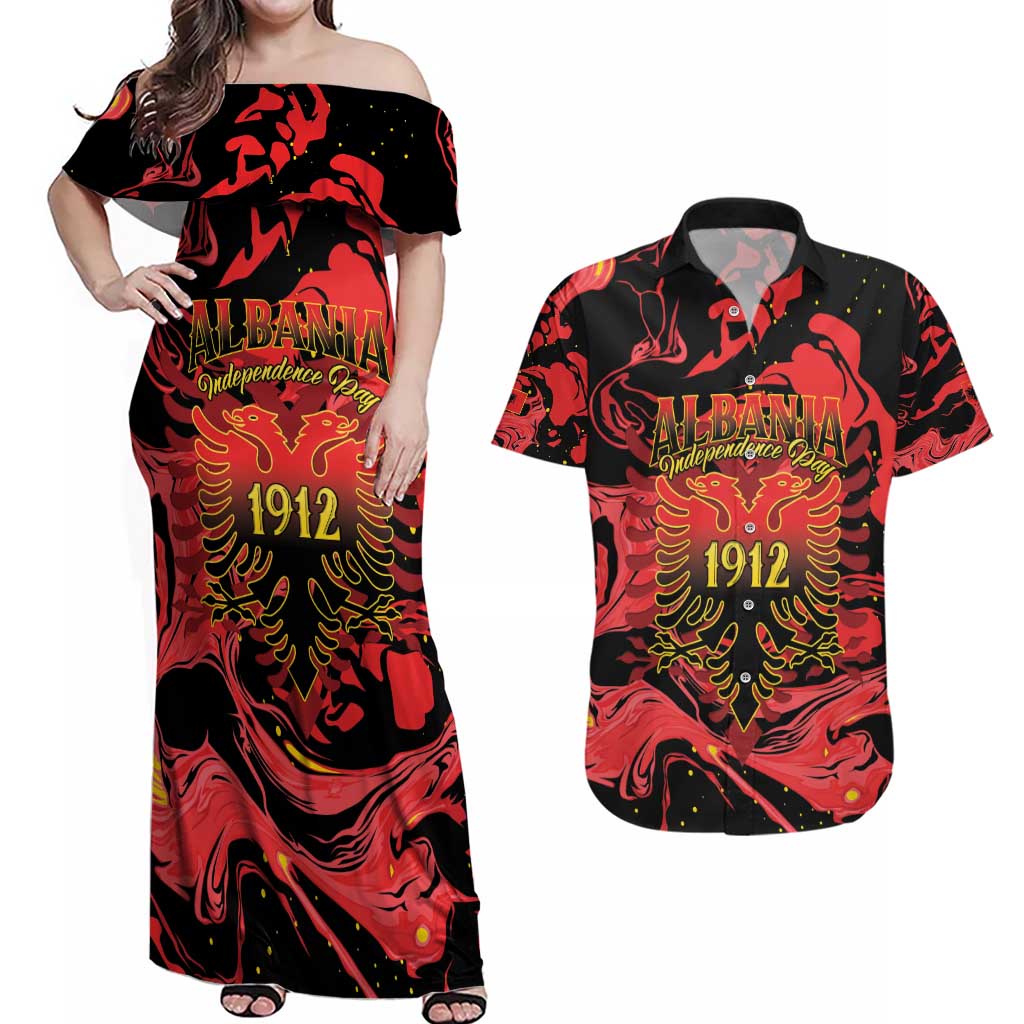 Happy Albania Independence Day Couples Matching Off Shoulder Maxi Dress and Hawaiian Shirt Albanian Eagle - Wonder Print Shop