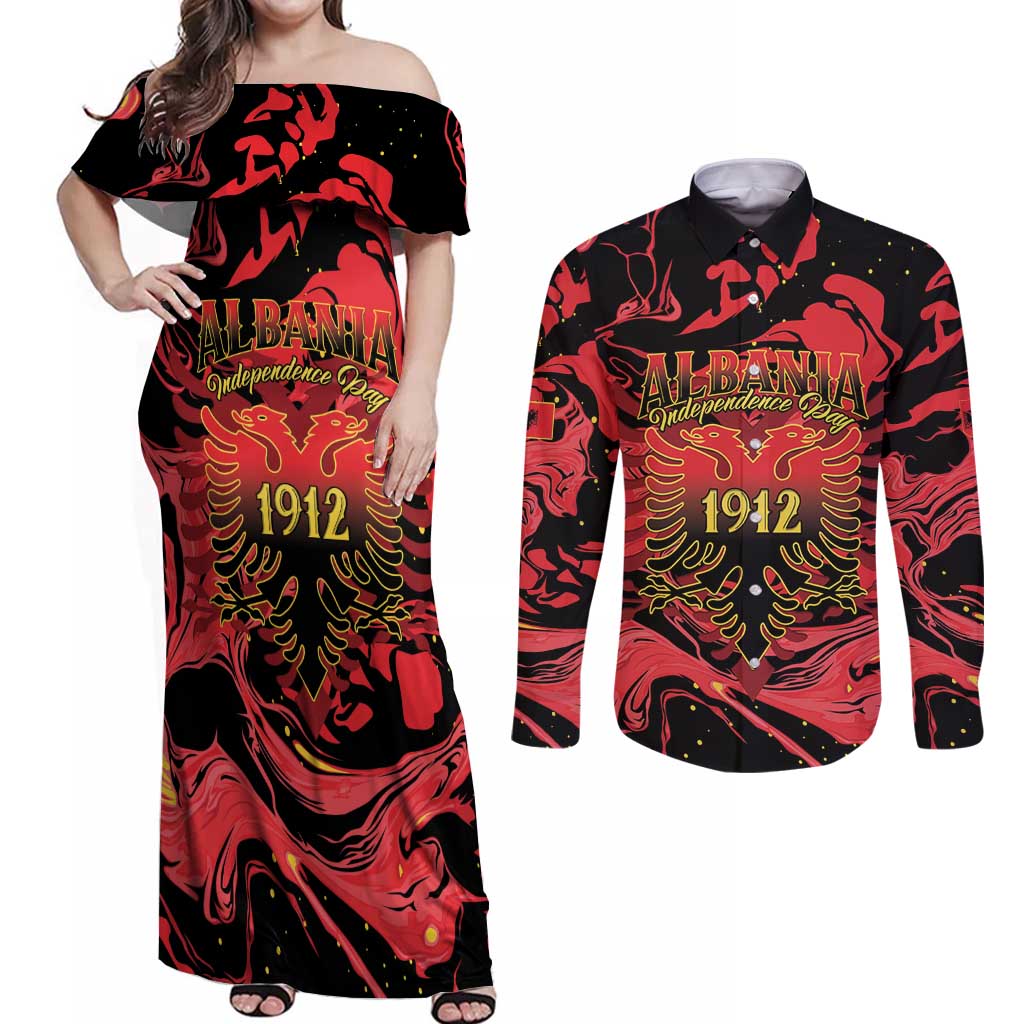 Happy Albania Independence Day Couples Matching Off Shoulder Maxi Dress and Long Sleeve Button Shirt Albanian Eagle - Wonder Print Shop