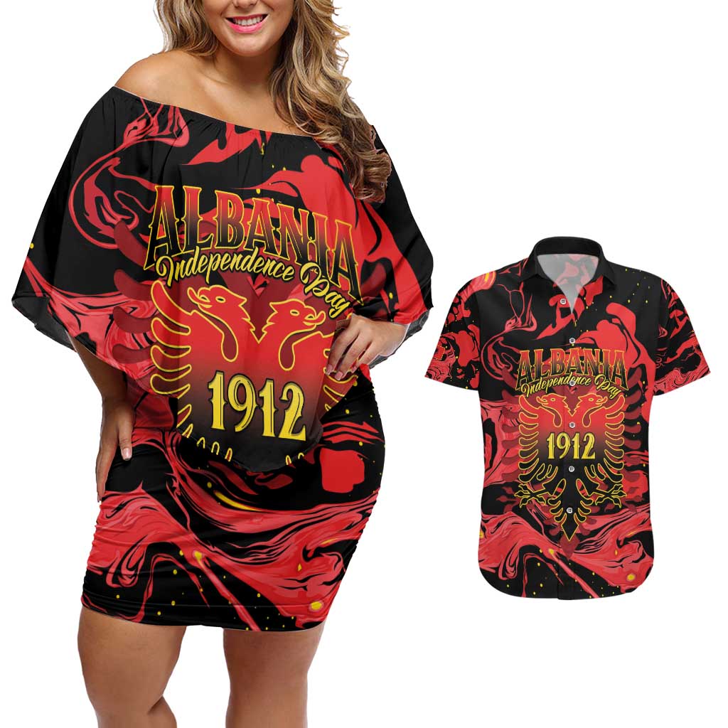 Happy Albania Independence Day Couples Matching Off Shoulder Short Dress and Hawaiian Shirt Albanian Eagle - Wonder Print Shop
