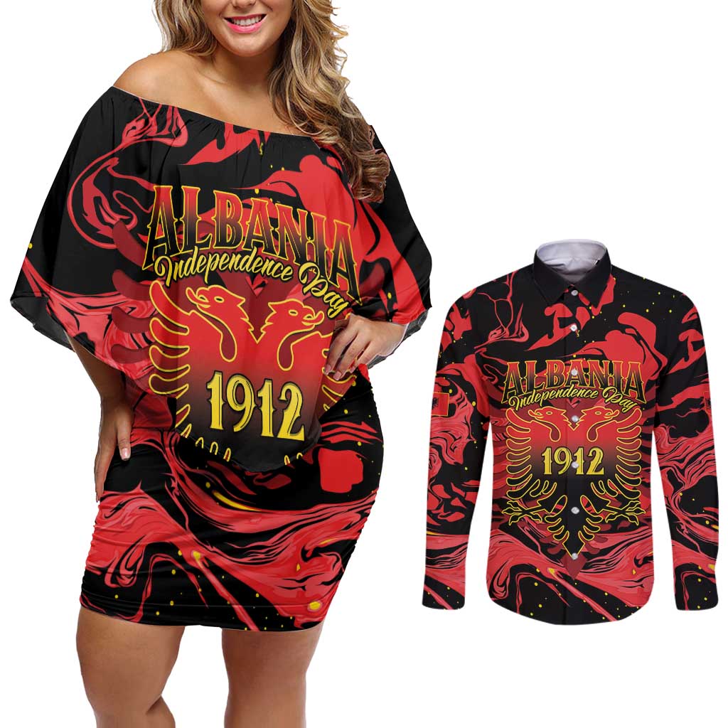 Happy Albania Independence Day Couples Matching Off Shoulder Short Dress and Long Sleeve Button Shirt Albanian Eagle - Wonder Print Shop