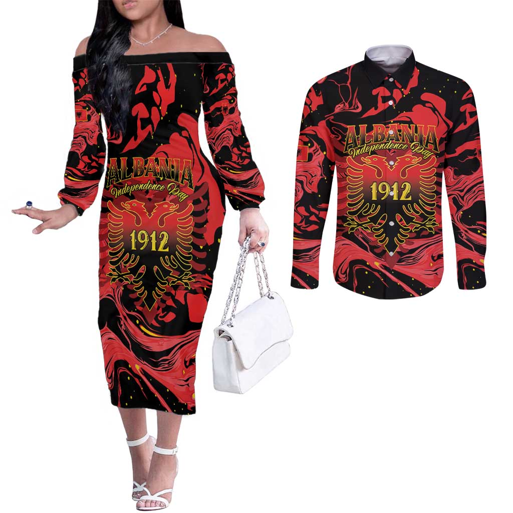Happy Albania Independence Day Couples Matching Off The Shoulder Long Sleeve Dress and Long Sleeve Button Shirt Albanian Eagle - Wonder Print Shop