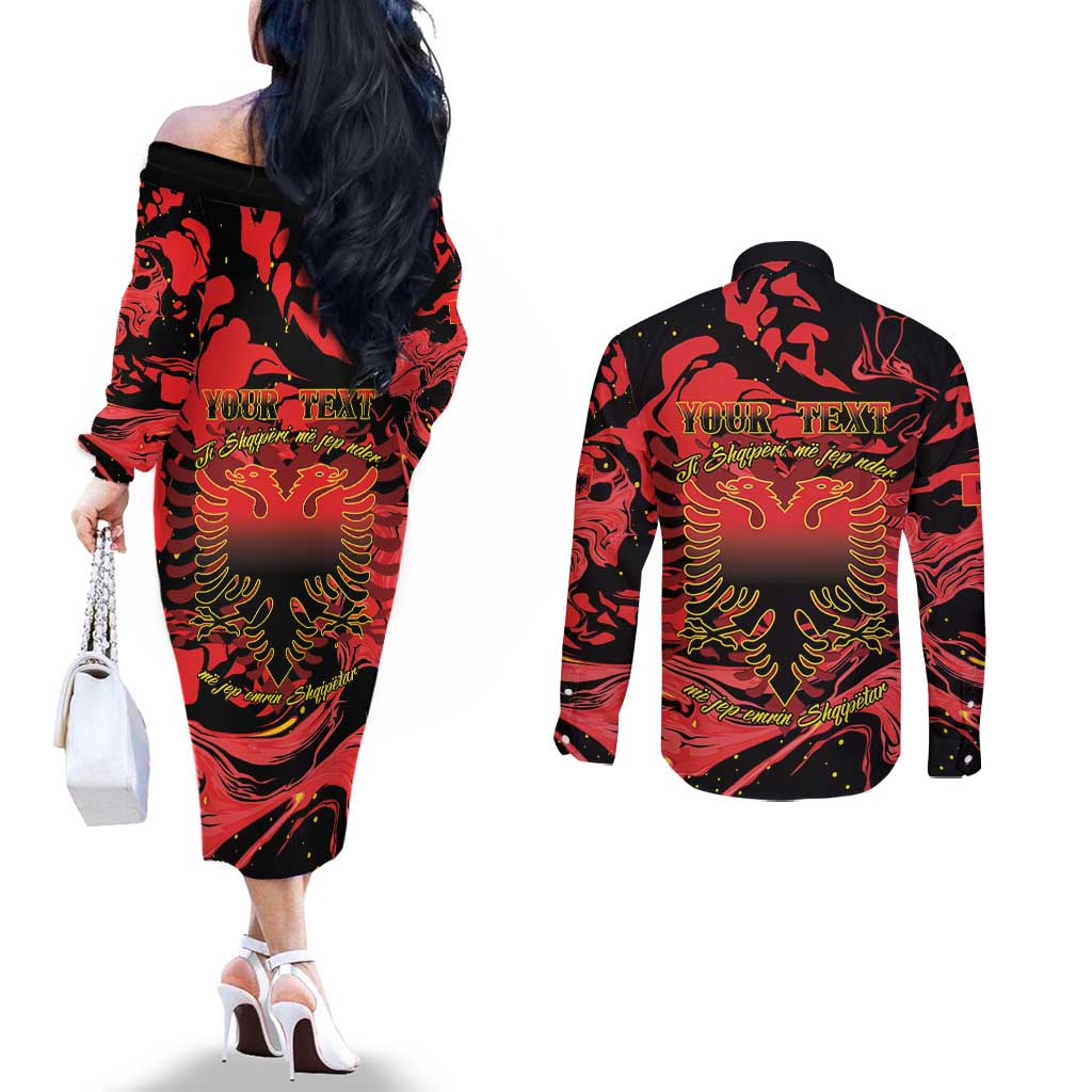 Happy Albania Independence Day Couples Matching Off The Shoulder Long Sleeve Dress and Long Sleeve Button Shirt Albanian Eagle - Wonder Print Shop