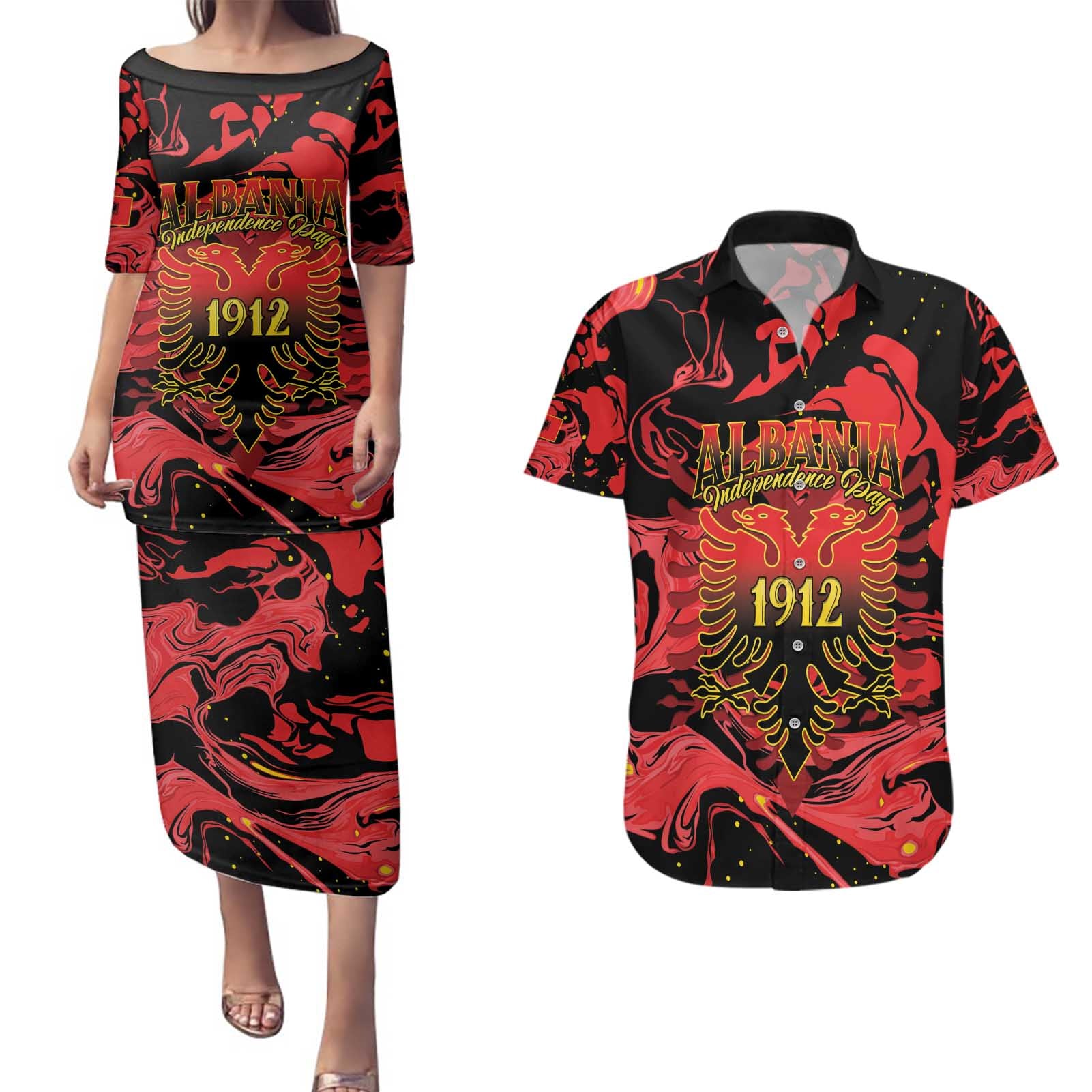 Happy Albania Independence Day Couples Matching Puletasi and Hawaiian Shirt Albanian Eagle - Wonder Print Shop