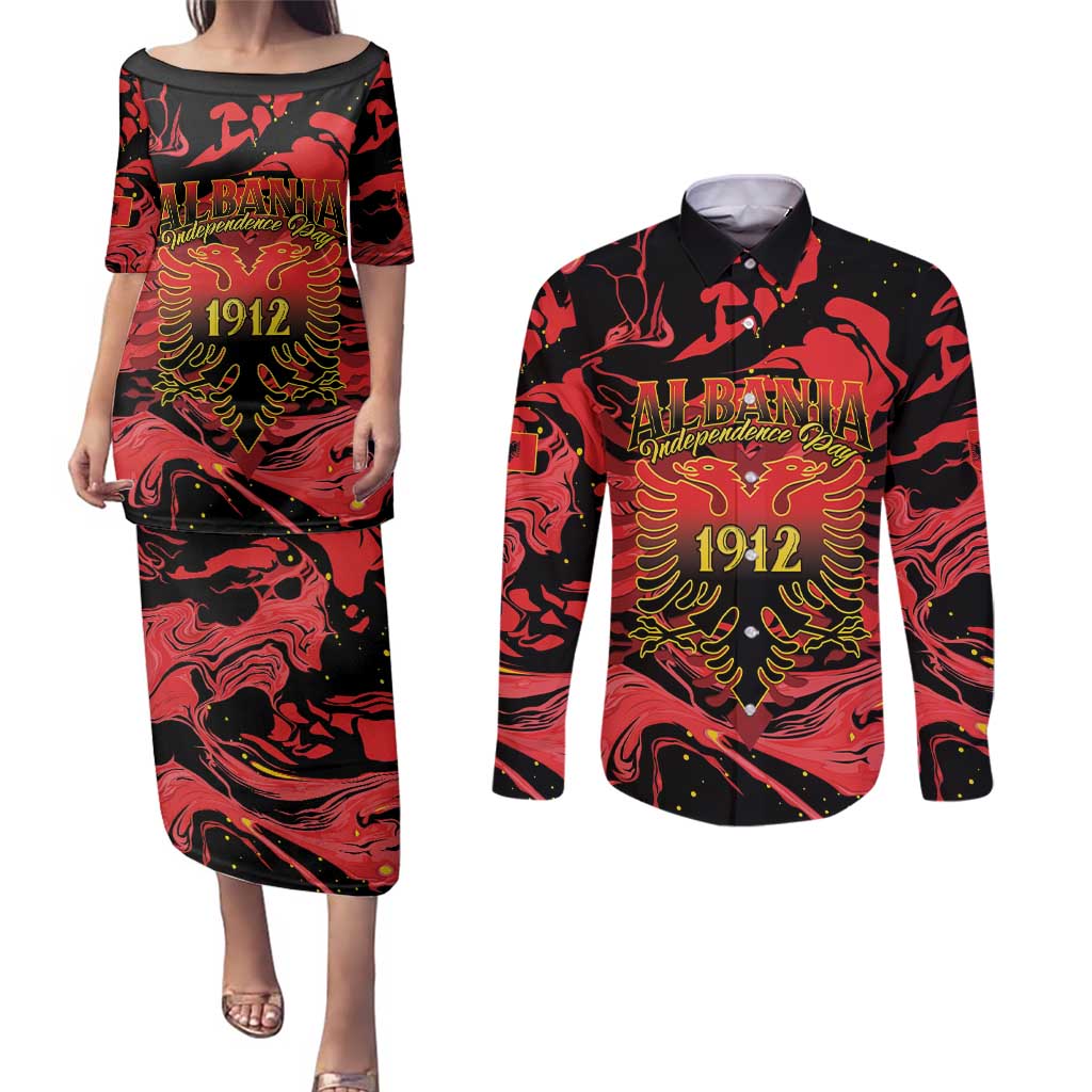 Happy Albania Independence Day Couples Matching Puletasi and Long Sleeve Button Shirt Albanian Eagle - Wonder Print Shop