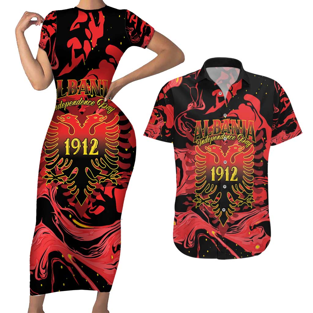 Happy Albania Independence Day Couples Matching Short Sleeve Bodycon Dress and Hawaiian Shirt Albanian Eagle - Wonder Print Shop