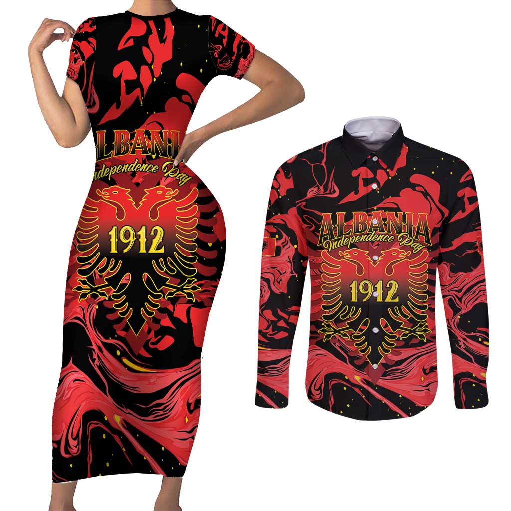 Happy Albania Independence Day Couples Matching Short Sleeve Bodycon Dress and Long Sleeve Button Shirt Albanian Eagle - Wonder Print Shop