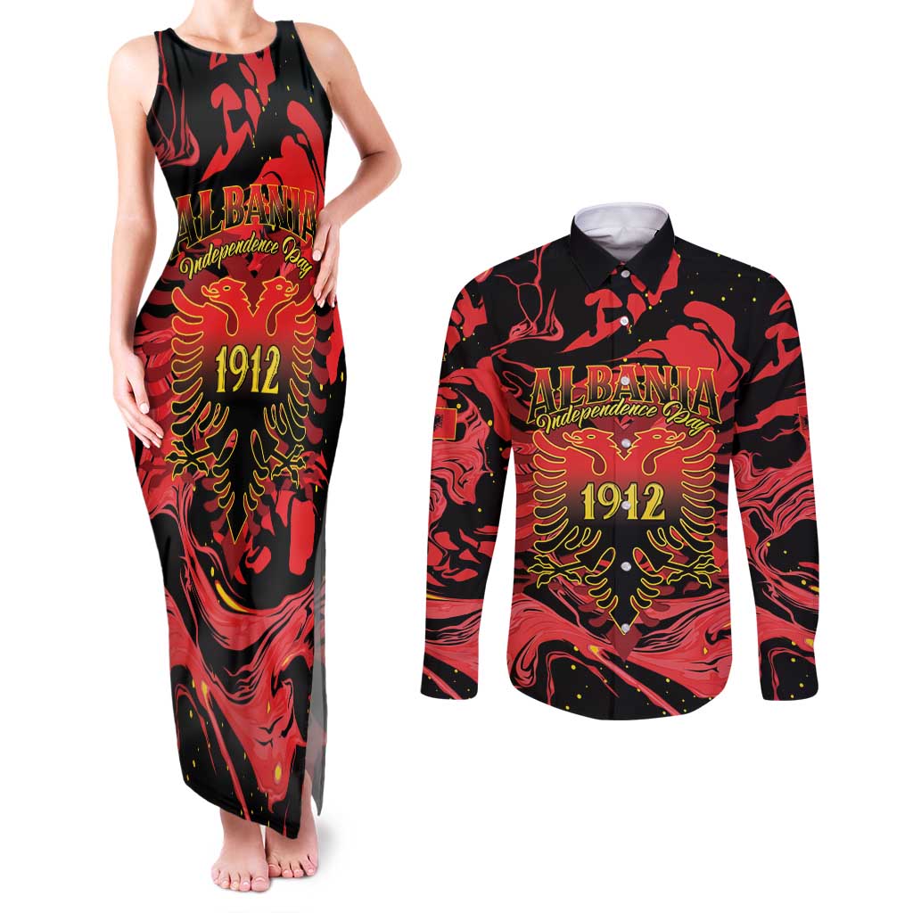 Happy Albania Independence Day Couples Matching Tank Maxi Dress and Long Sleeve Button Shirt Albanian Eagle - Wonder Print Shop