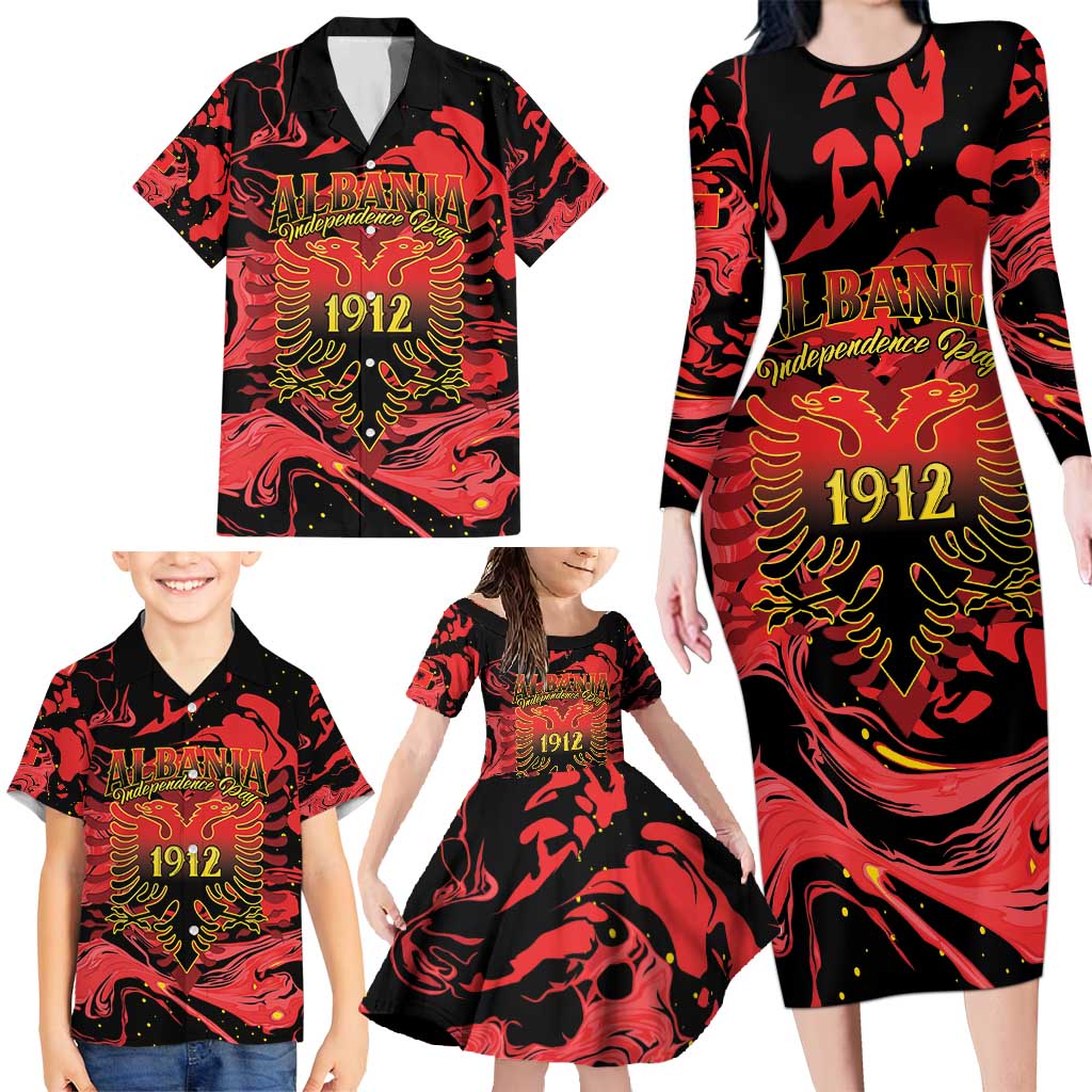 Happy Albania Independence Day Family Matching Long Sleeve Bodycon Dress and Hawaiian Shirt Albanian Eagle - Wonder Print Shop