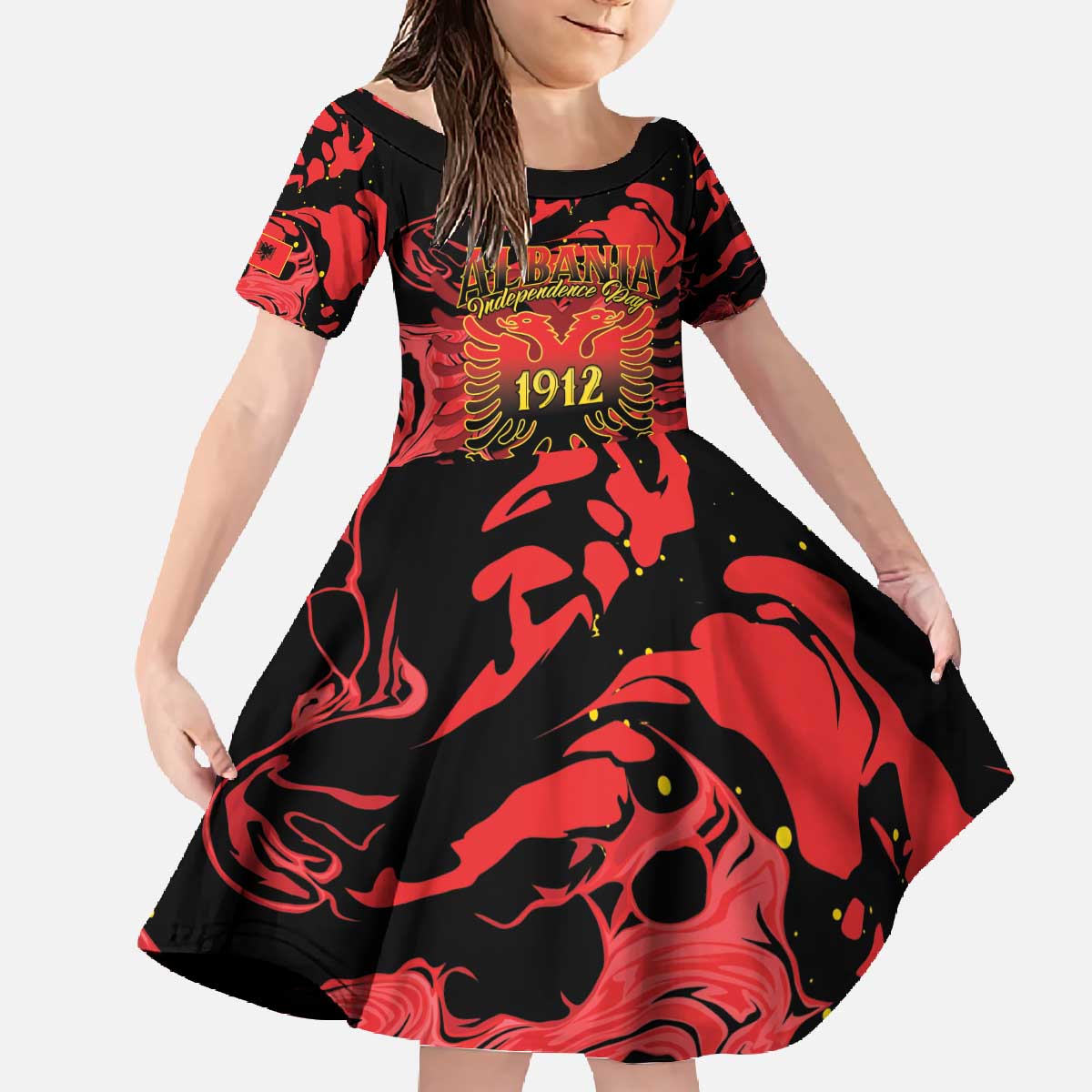 Happy Albania Independence Day Family Matching Off The Shoulder Long Sleeve Dress and Hawaiian Shirt Albanian Eagle - Wonder Print Shop