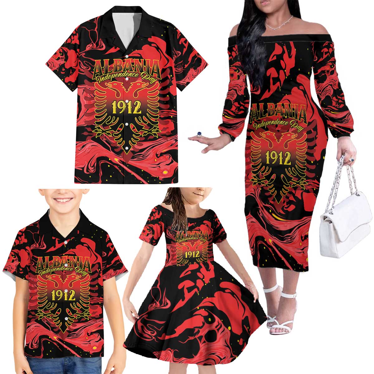 Happy Albania Independence Day Family Matching Off The Shoulder Long Sleeve Dress and Hawaiian Shirt Albanian Eagle - Wonder Print Shop