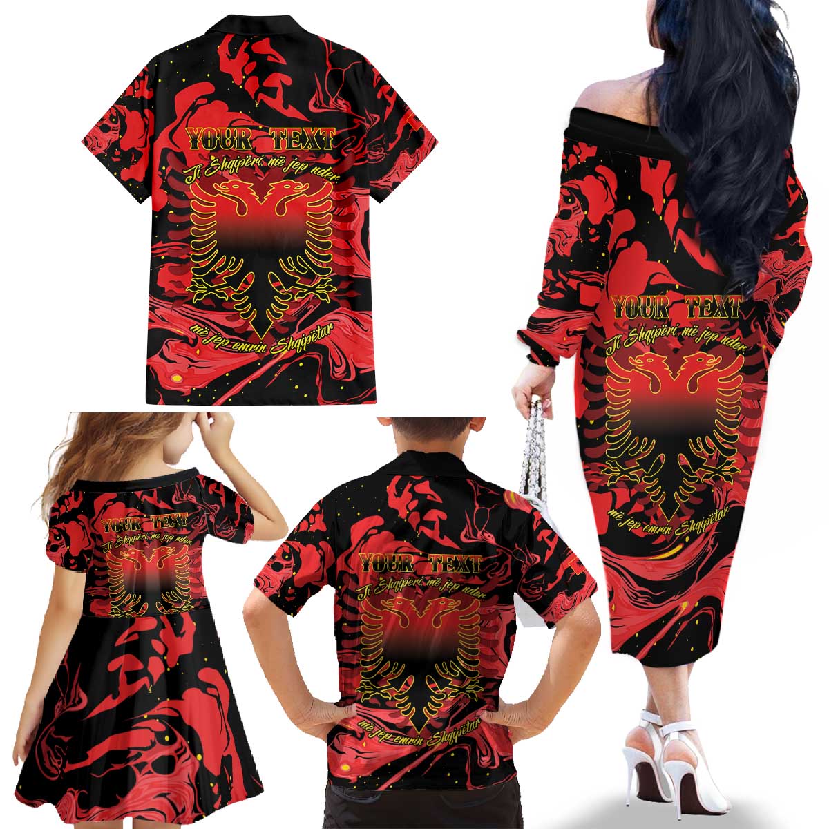 Happy Albania Independence Day Family Matching Off The Shoulder Long Sleeve Dress and Hawaiian Shirt Albanian Eagle - Wonder Print Shop