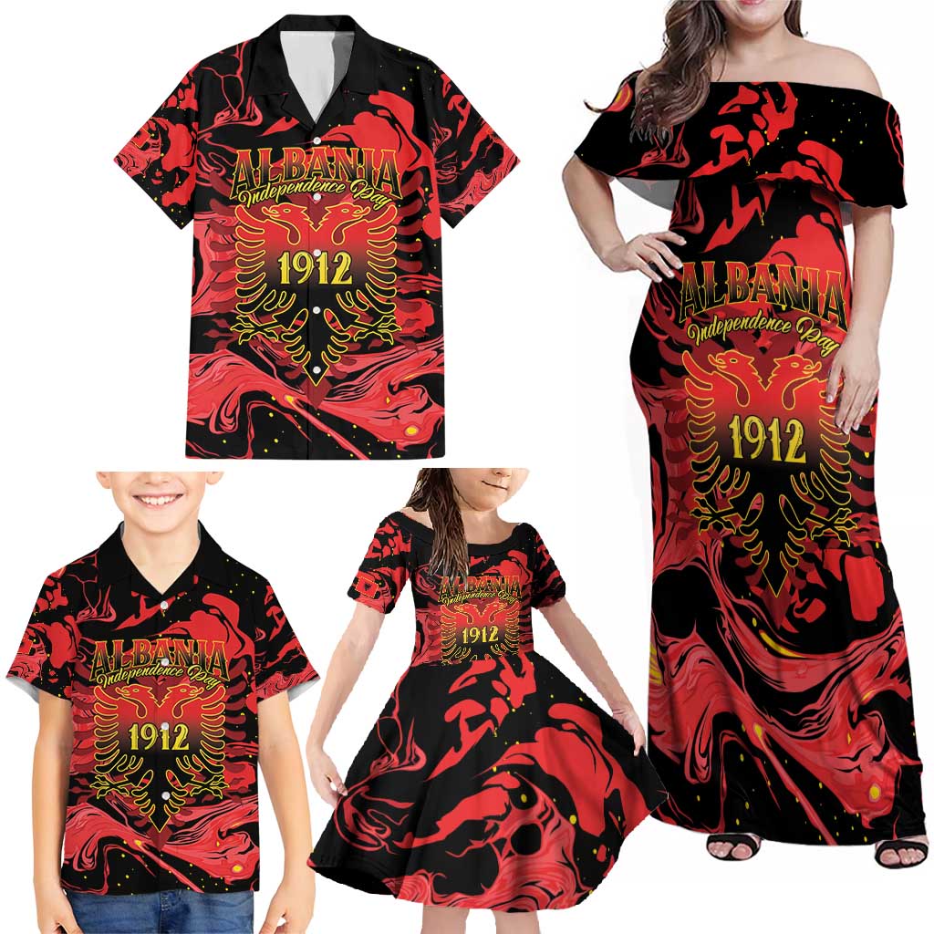 Happy Albania Independence Day Family Matching Off Shoulder Maxi Dress and Hawaiian Shirt Albanian Eagle - Wonder Print Shop