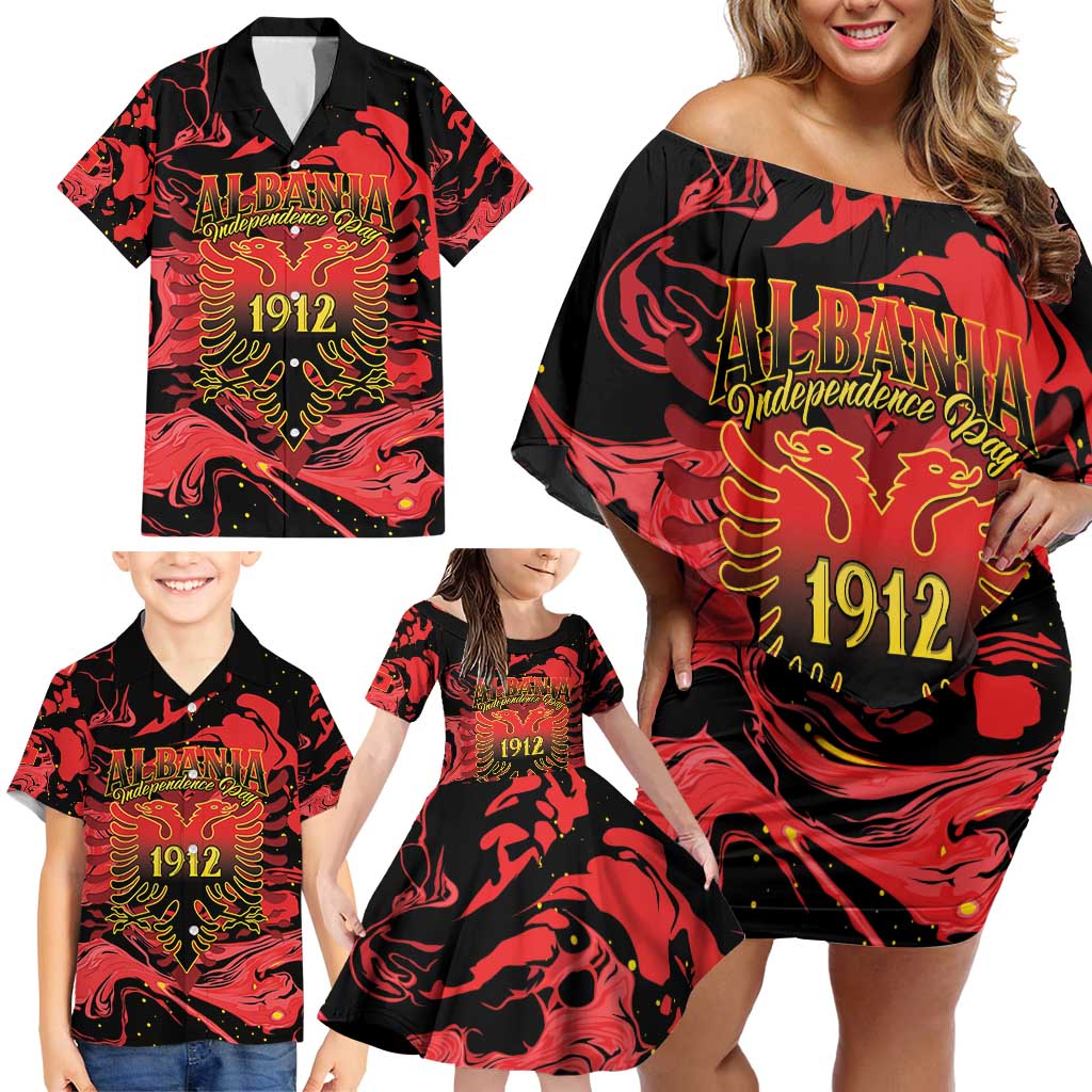 Happy Albania Independence Day Family Matching Off Shoulder Short Dress and Hawaiian Shirt Albanian Eagle - Wonder Print Shop