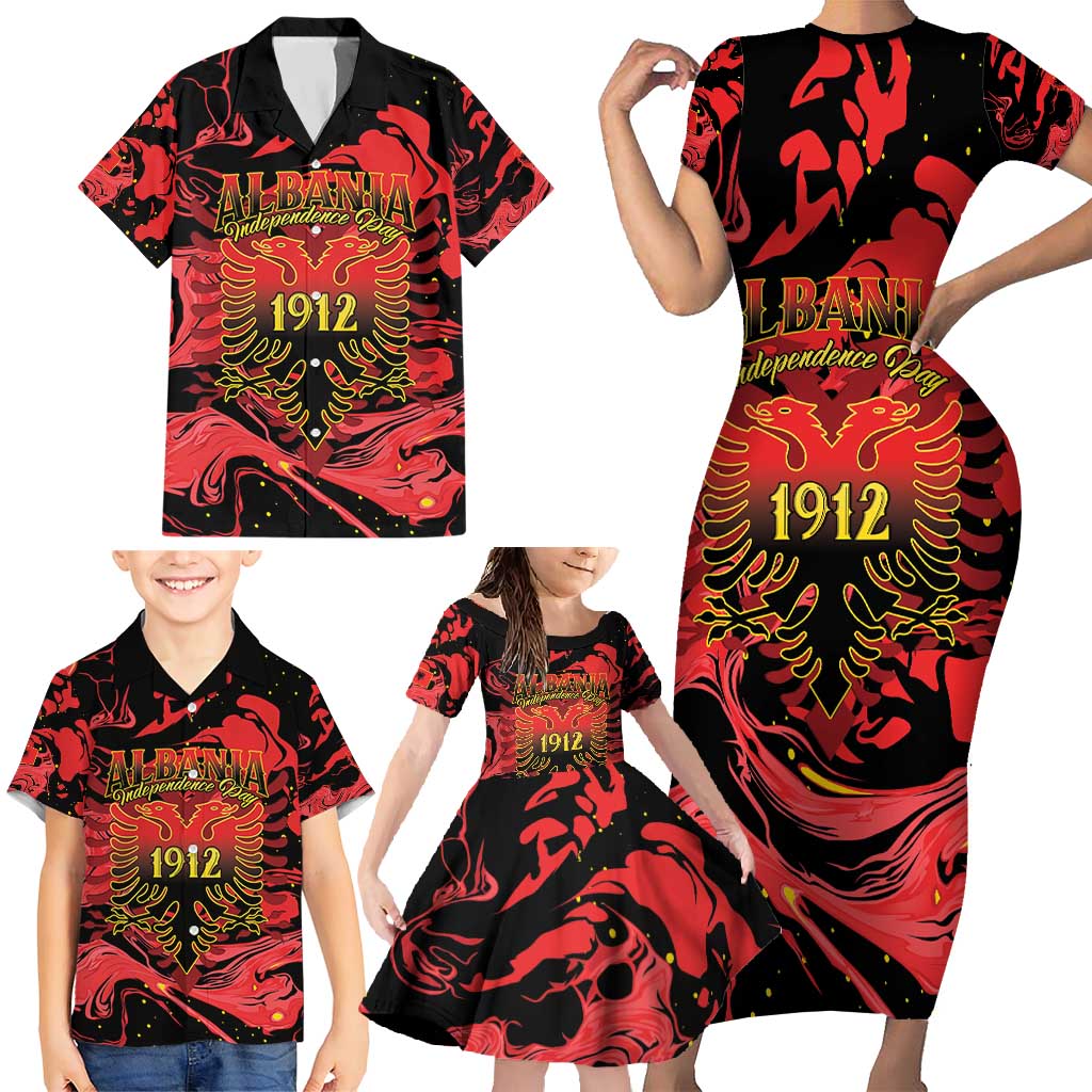 Happy Albania Independence Day Family Matching Short Sleeve Bodycon Dress and Hawaiian Shirt Albanian Eagle - Wonder Print Shop