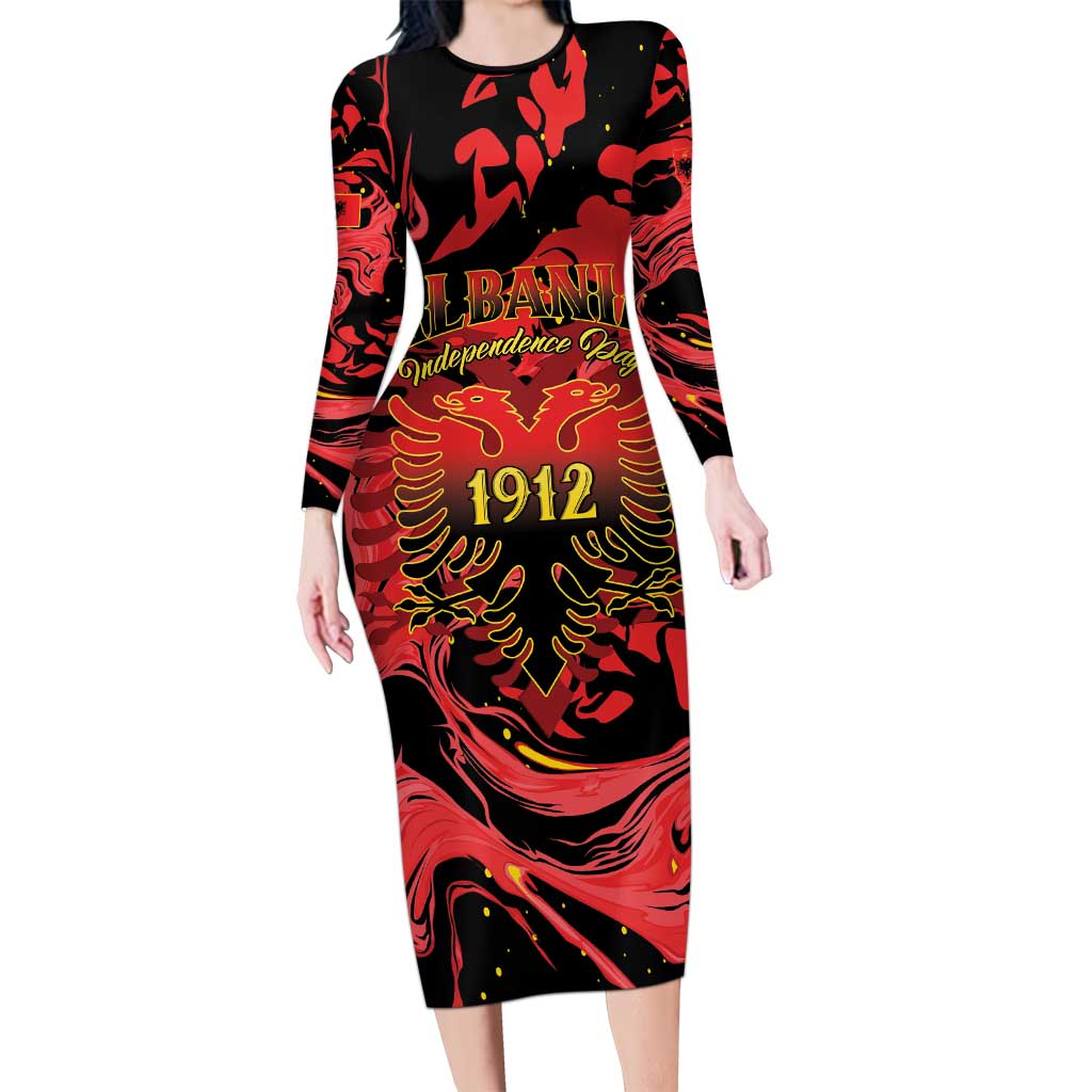 Happy Albania Independence Day Long Sleeve Bodycon Dress Albanian Eagle - Wonder Print Shop