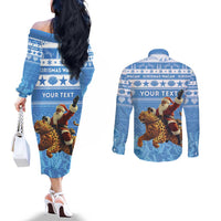 Personalised Somalia Christmas Couples Matching Off The Shoulder Long Sleeve Dress and Long Sleeve Button Shirt Black Santa Riding Leopard Kirismas Wacan