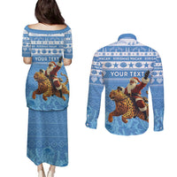 Personalised Somalia Christmas Couples Matching Puletasi and Long Sleeve Button Shirt Black Santa Riding Leopard Kirismas Wacan - Wonder Print Shop
