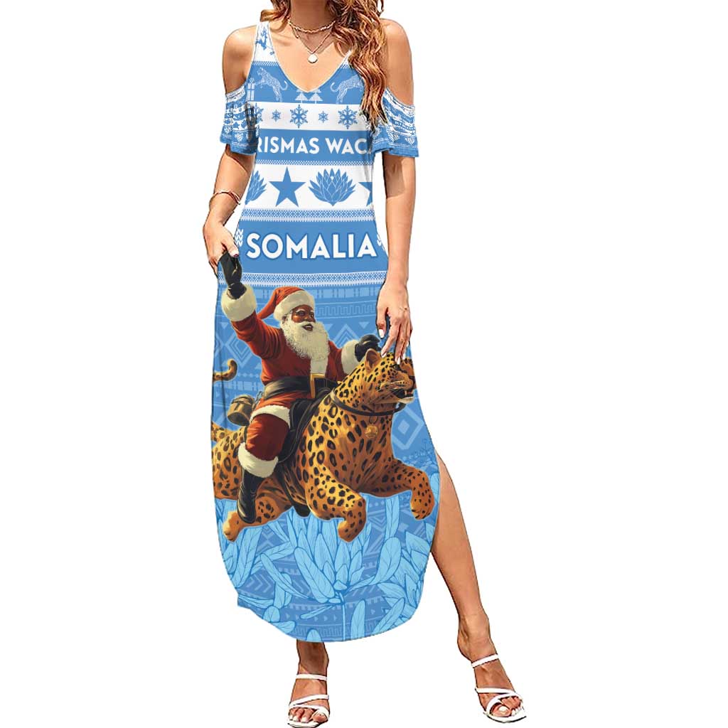 Personalised Somalia Christmas Family Matching Summer Maxi Dress and Hawaiian Shirt Black Santa Riding Leopard Kirismas Wacan - Wonder Print Shop