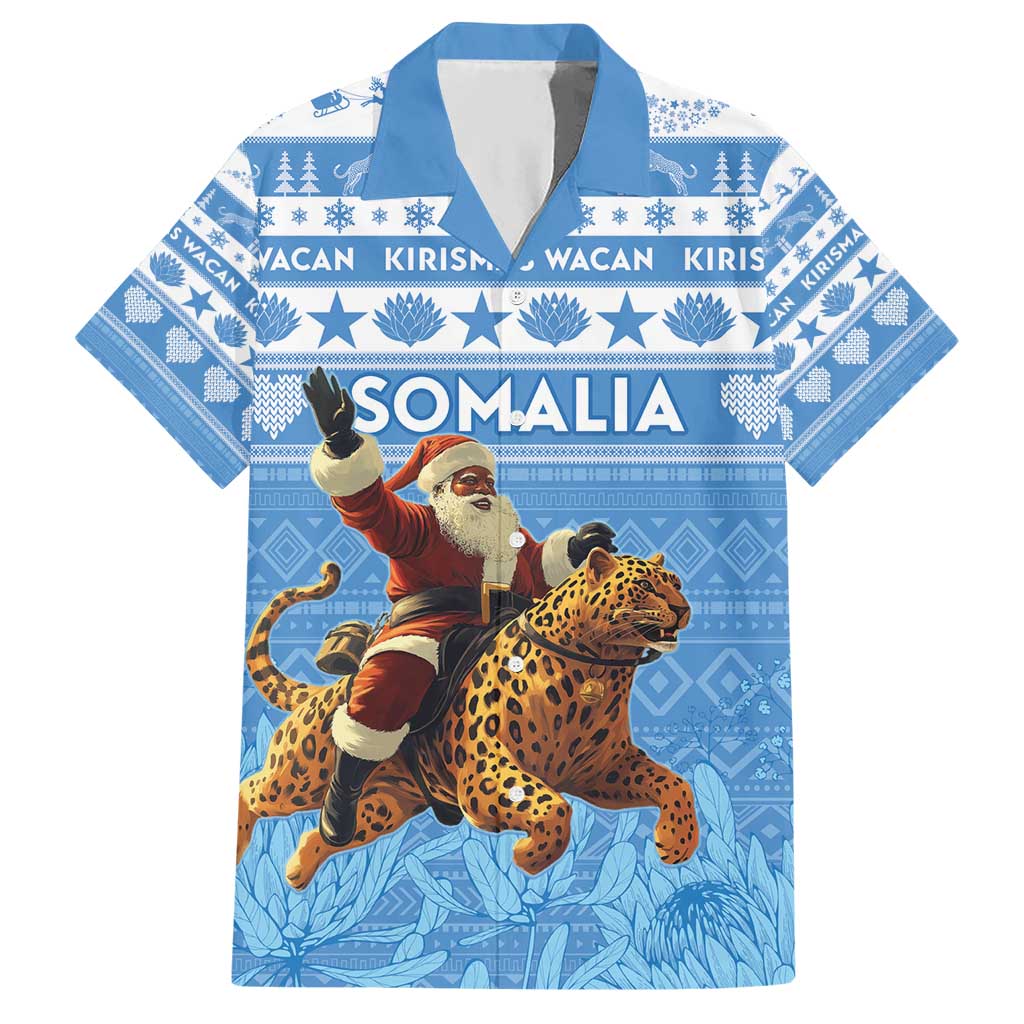 Personalised Somalia Christmas Hawaiian Shirt Black Santa Riding Leopard Kirismas Wacan - Wonder Print Shop