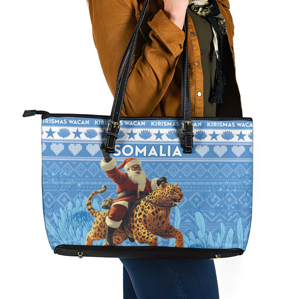 Somalia Christmas Leather Tote Bag Black Santa Riding Leopard Kirismas Wacan - Wonder Print Shop