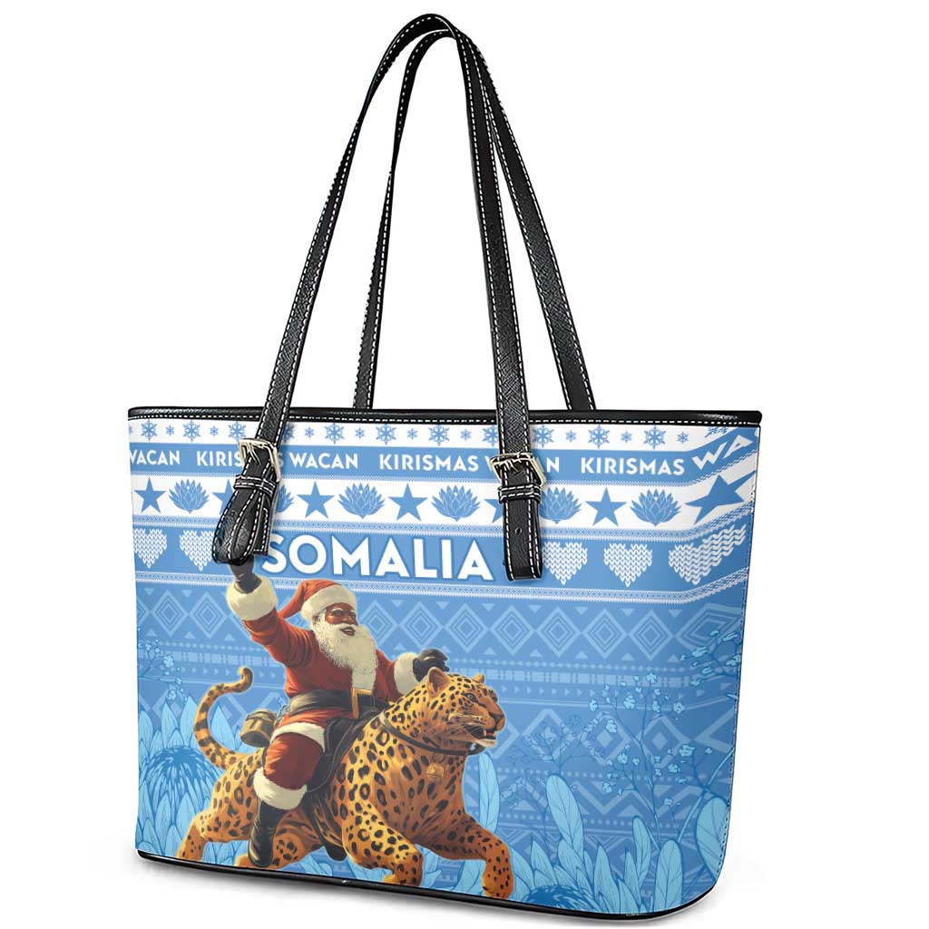 Somalia Christmas Leather Tote Bag Black Santa Riding Leopard Kirismas Wacan - Wonder Print Shop