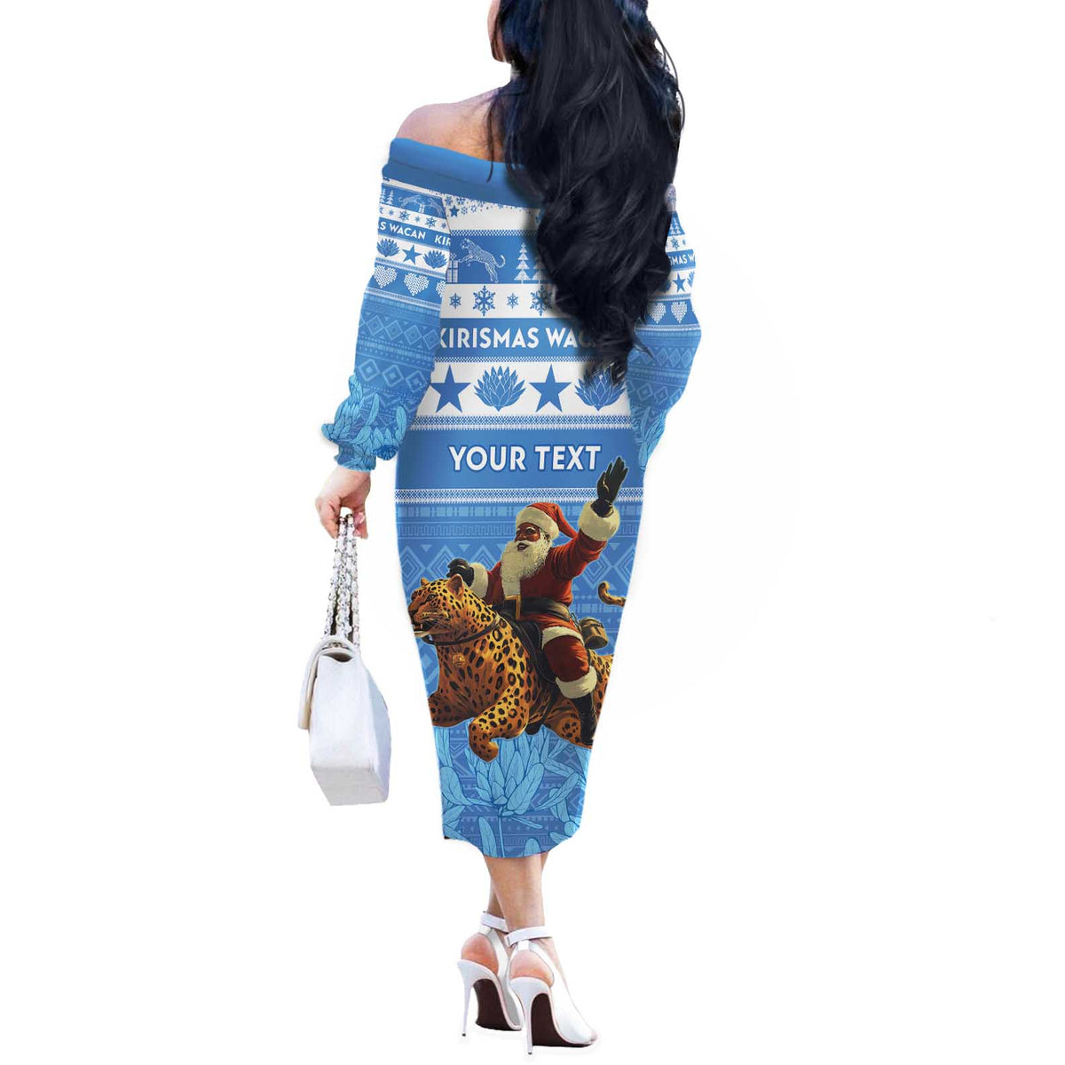 Personalised Somalia Christmas Off The Shoulder Long Sleeve Dress Black Santa Riding Leopard Kirismas Wacan - Wonder Print Shop