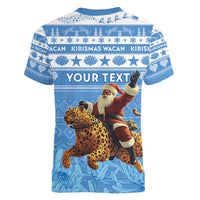 Personalised Somalia Christmas Women V-Neck T-Shirt Black Santa Riding Leopard Kirismas Wacan - Wonder Print Shop