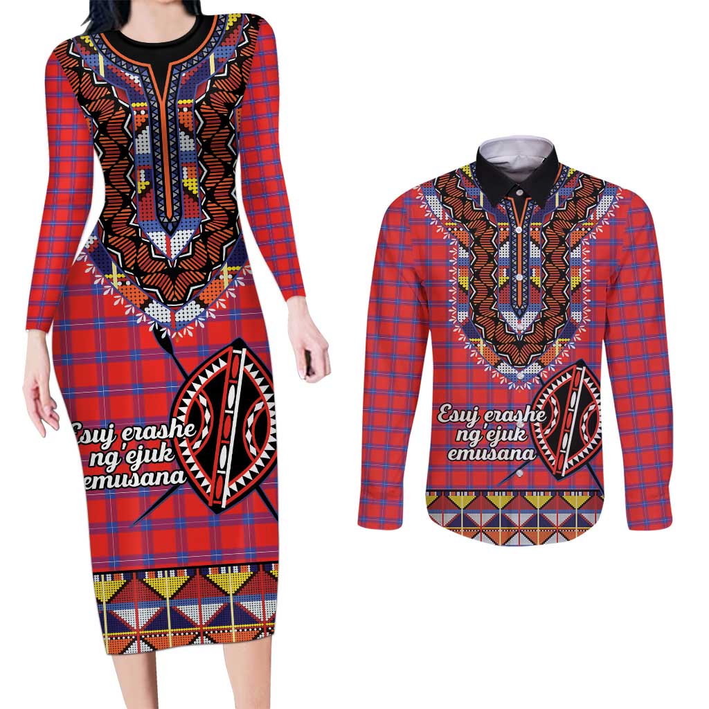 Personalised Kenya Maasai Shuka Couples Matching Long Sleeve Bodycon Dress and Long Sleeve Button Shirt Mix Dashiki - Beadwork Pattern - Wonder Print Shop