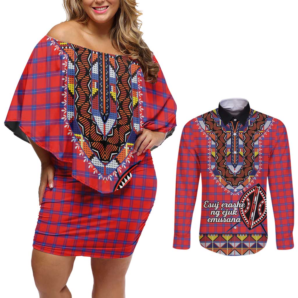Personalised Kenya Maasai Shuka Couples Matching Off Shoulder Short Dress and Long Sleeve Button Shirt Mix Dashiki - Beadwork Pattern - Wonder Print Shop
