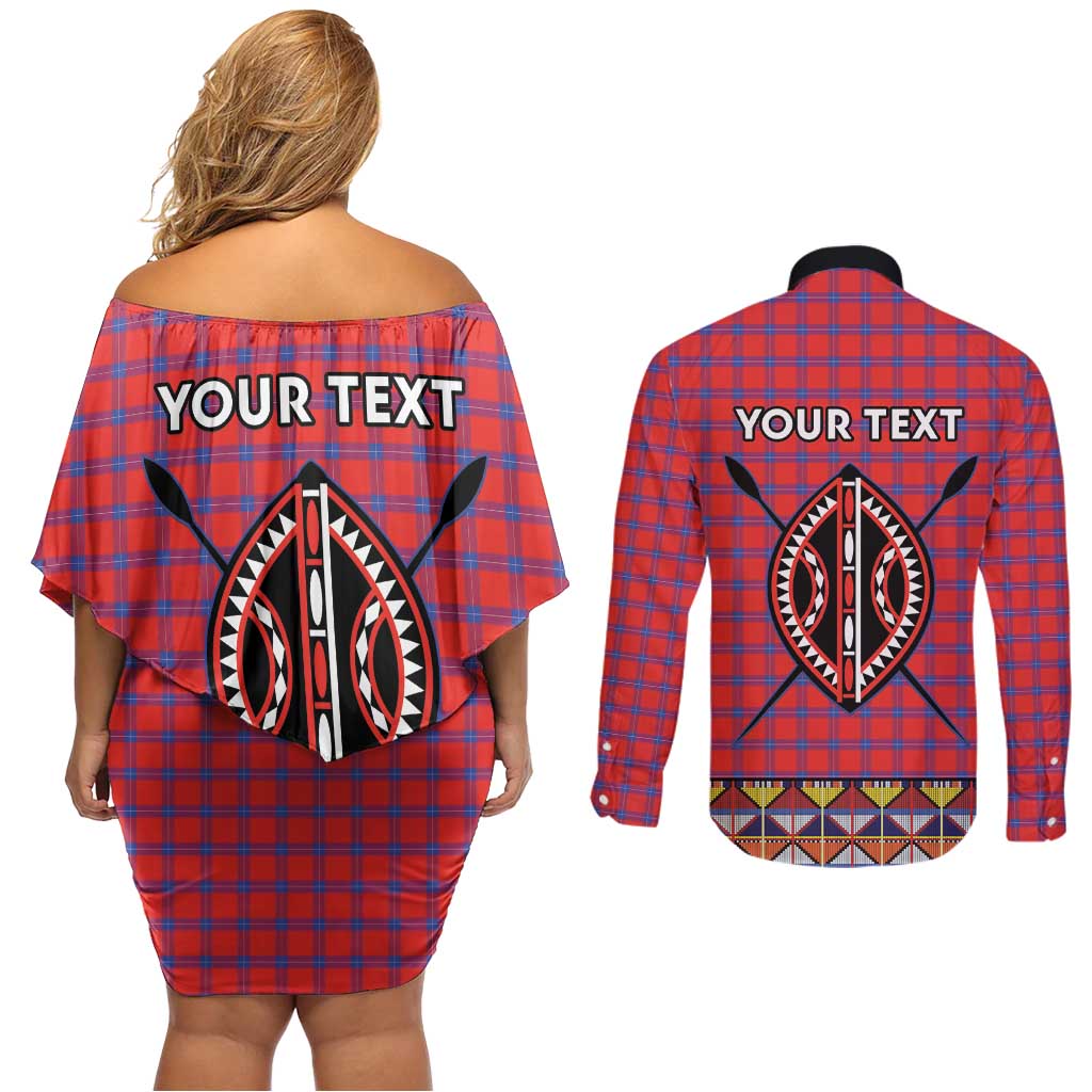 Personalised Kenya Maasai Shuka Couples Matching Off Shoulder Short Dress and Long Sleeve Button Shirt Mix Dashiki - Beadwork Pattern - Wonder Print Shop