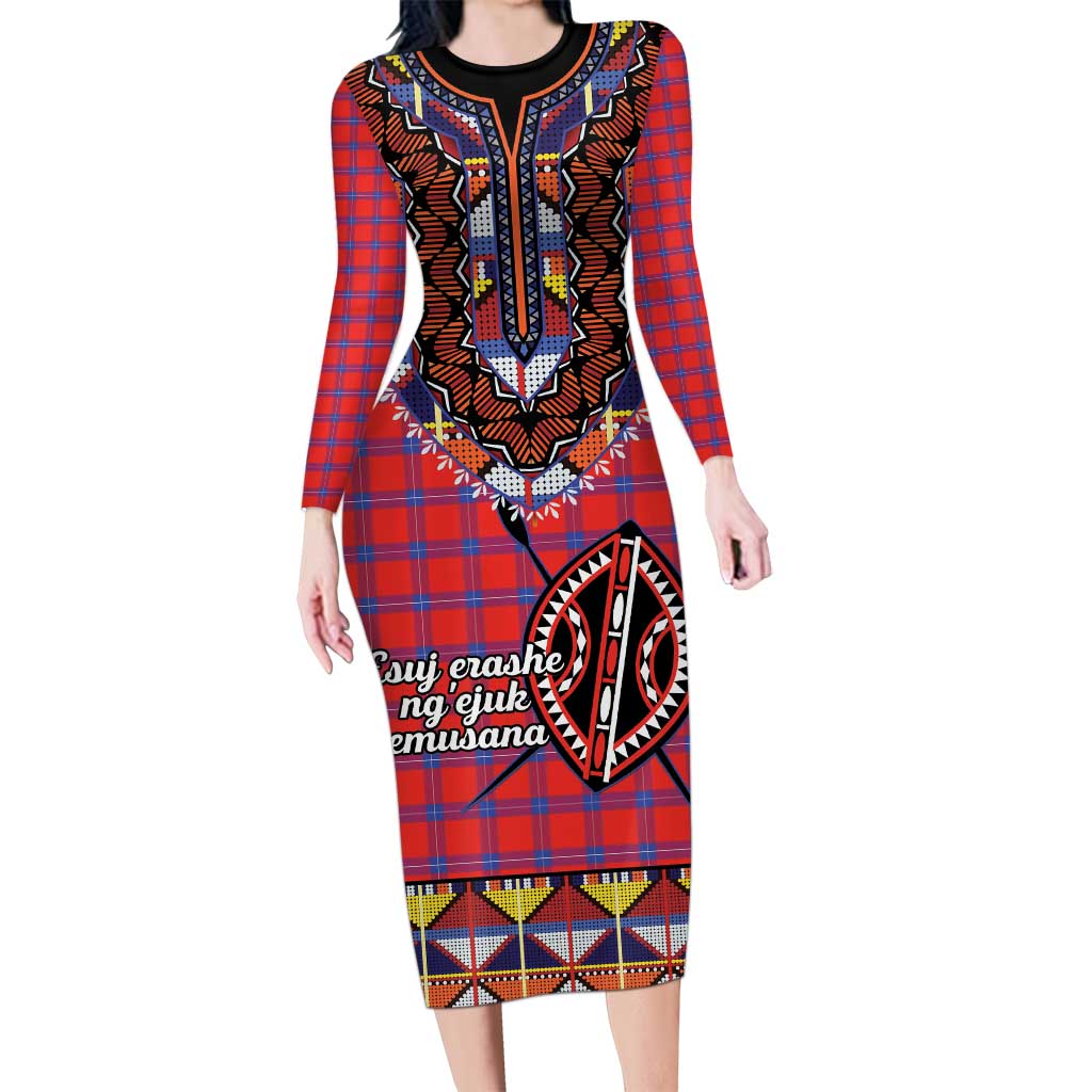Personalised Kenya Maasai Shuka Long Sleeve Bodycon Dress Mix Dashiki - Beadwork Pattern - Wonder Print Shop