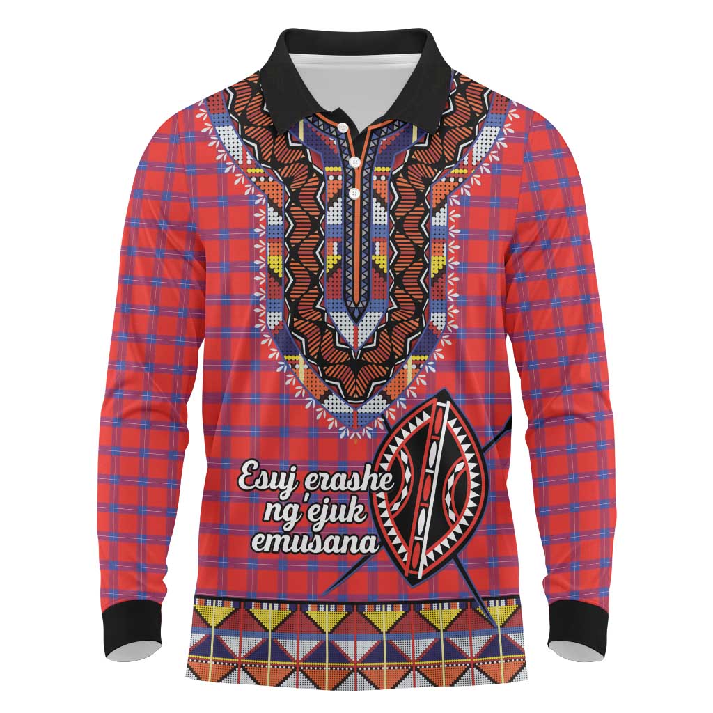 Personalised Kenya Maasai Shuka Long Sleeve Polo Shirt Mix Dashiki - Beadwork Pattern - Wonder Print Shop