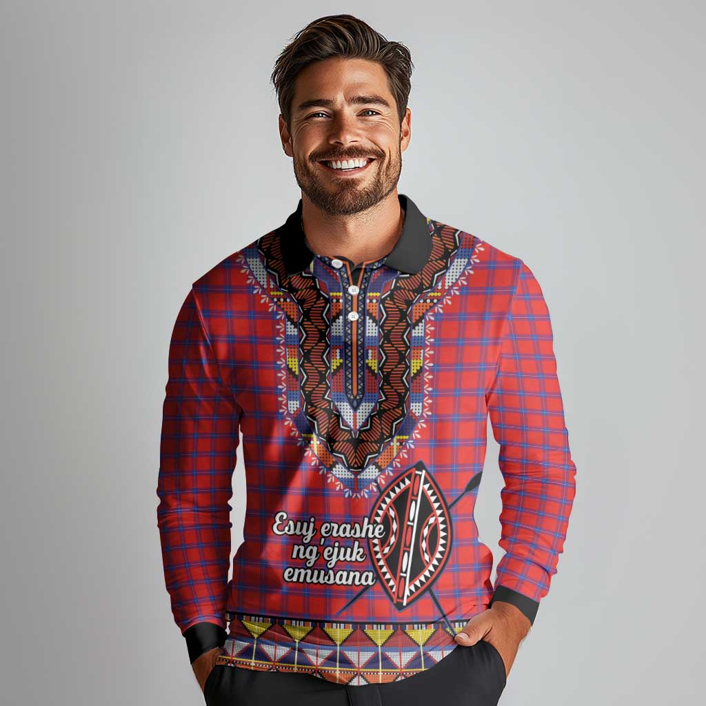 Personalised Kenya Maasai Shuka Long Sleeve Polo Shirt Mix Dashiki - Beadwork Pattern - Wonder Print Shop