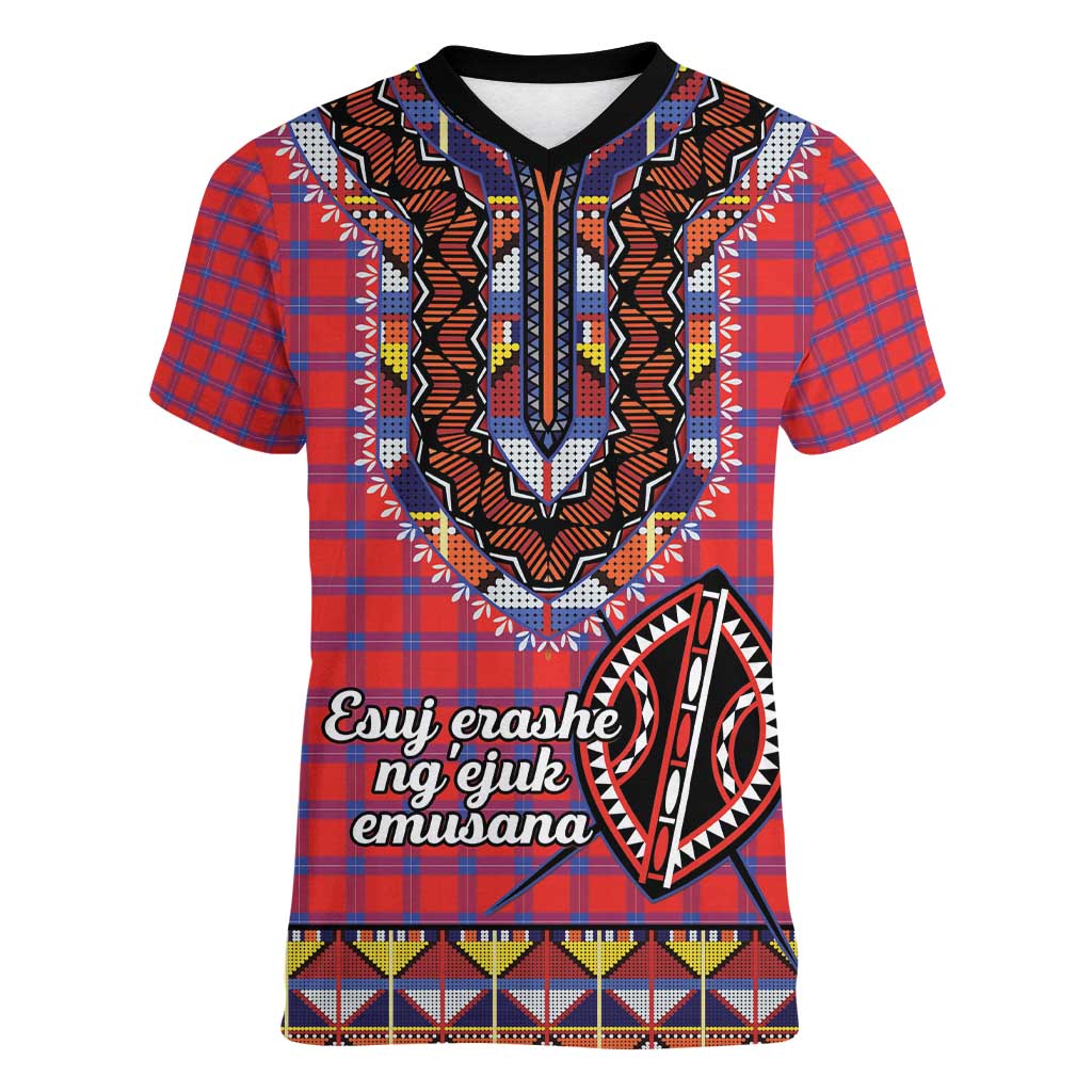 Personalised Kenya Maasai Shuka Women V-Neck T-Shirt Mix Dashiki - Beadwork Pattern - Wonder Print Shop