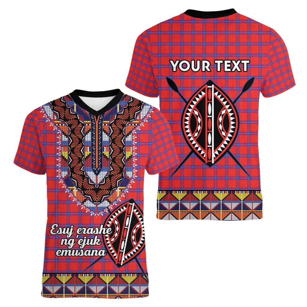 Personalised Kenya Maasai Shuka Women V-Neck T-Shirt Mix Dashiki - Beadwork Pattern - Wonder Print Shop