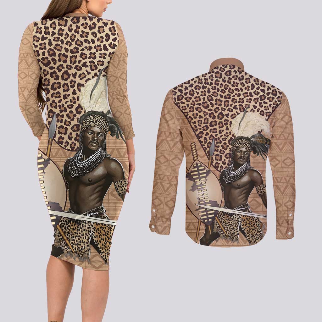 South Africa Zulu People Couples Matching Long Sleeve Bodycon Dress and Long Sleeve Button Shirt Zulu Warrior - Wonder Print Shop