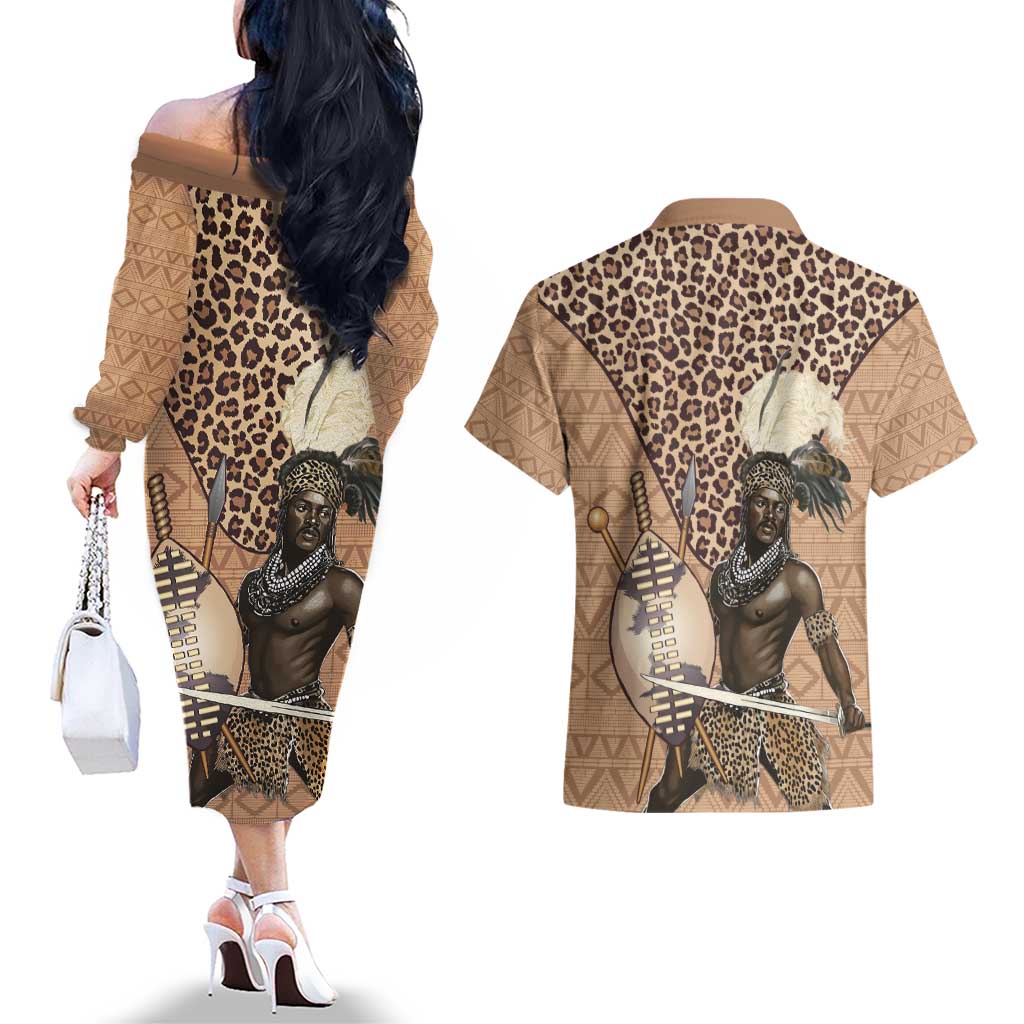 South Africa Zulu People Couples Matching Off The Shoulder Long Sleeve Dress and Hawaiian Shirt Zulu Warrior - Wonder Print Shop