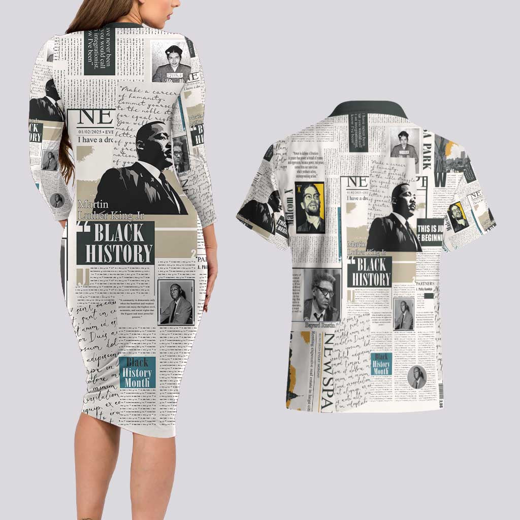 Civil Rights Leaders Couples Matching Long Sleeve Bodycon Dress and Hawaiian Shirt Newspaper Print Style - Wonder Print Shop