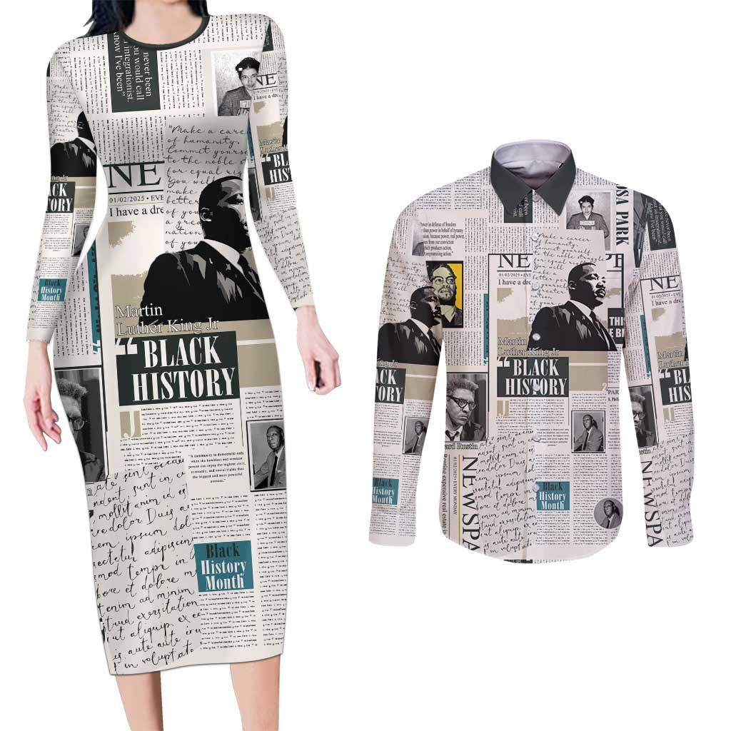 Civil Rights Leaders Couples Matching Long Sleeve Bodycon Dress and Long Sleeve Button Shirt Newspaper Print Style - Wonder Print Shop