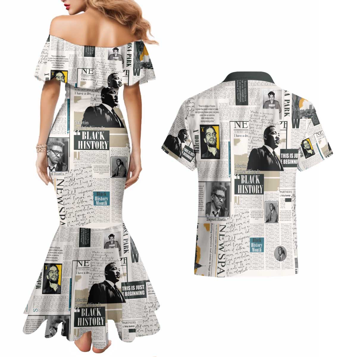 Civil Rights Leaders Couples Matching Mermaid Dress and Hawaiian Shirt Newspaper Print Style - Wonder Print Shop