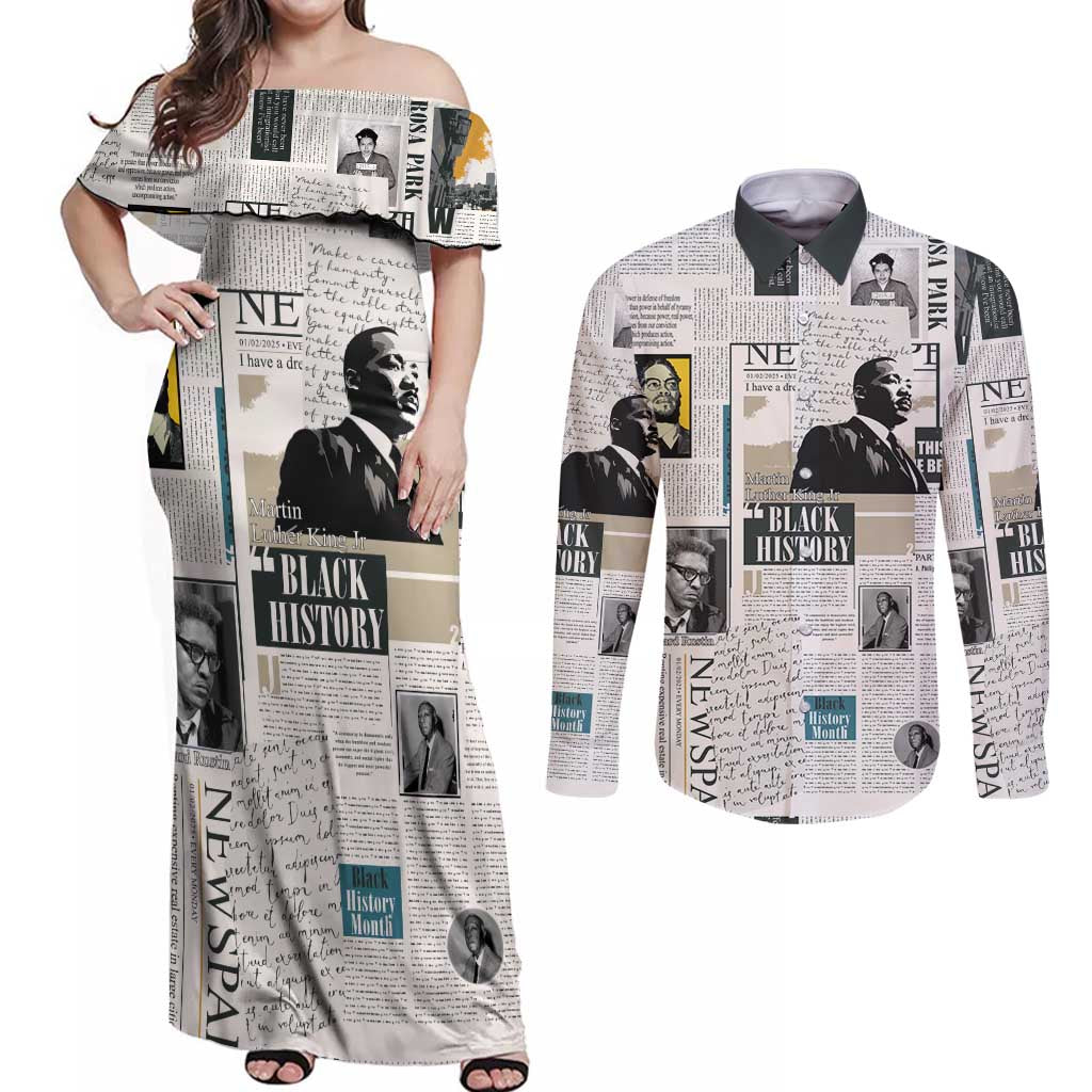 Civil Rights Leaders Couples Matching Off Shoulder Maxi Dress and Long Sleeve Button Shirt Newspaper Print Style - Wonder Print Shop