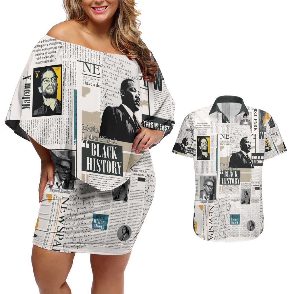 Civil Rights Leaders Couples Matching Off Shoulder Short Dress and Hawaiian Shirt Newspaper Print Style - Wonder Print Shop