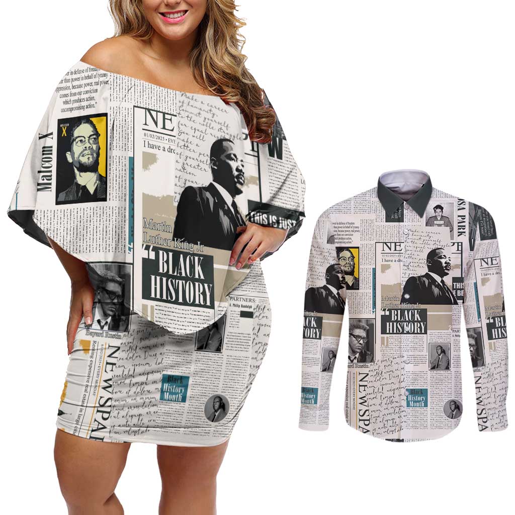 Civil Rights Leaders Couples Matching Off Shoulder Short Dress and Long Sleeve Button Shirt Newspaper Print Style - Wonder Print Shop