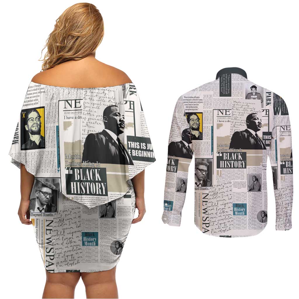 Civil Rights Leaders Couples Matching Off Shoulder Short Dress and Long Sleeve Button Shirt Newspaper Print Style - Wonder Print Shop