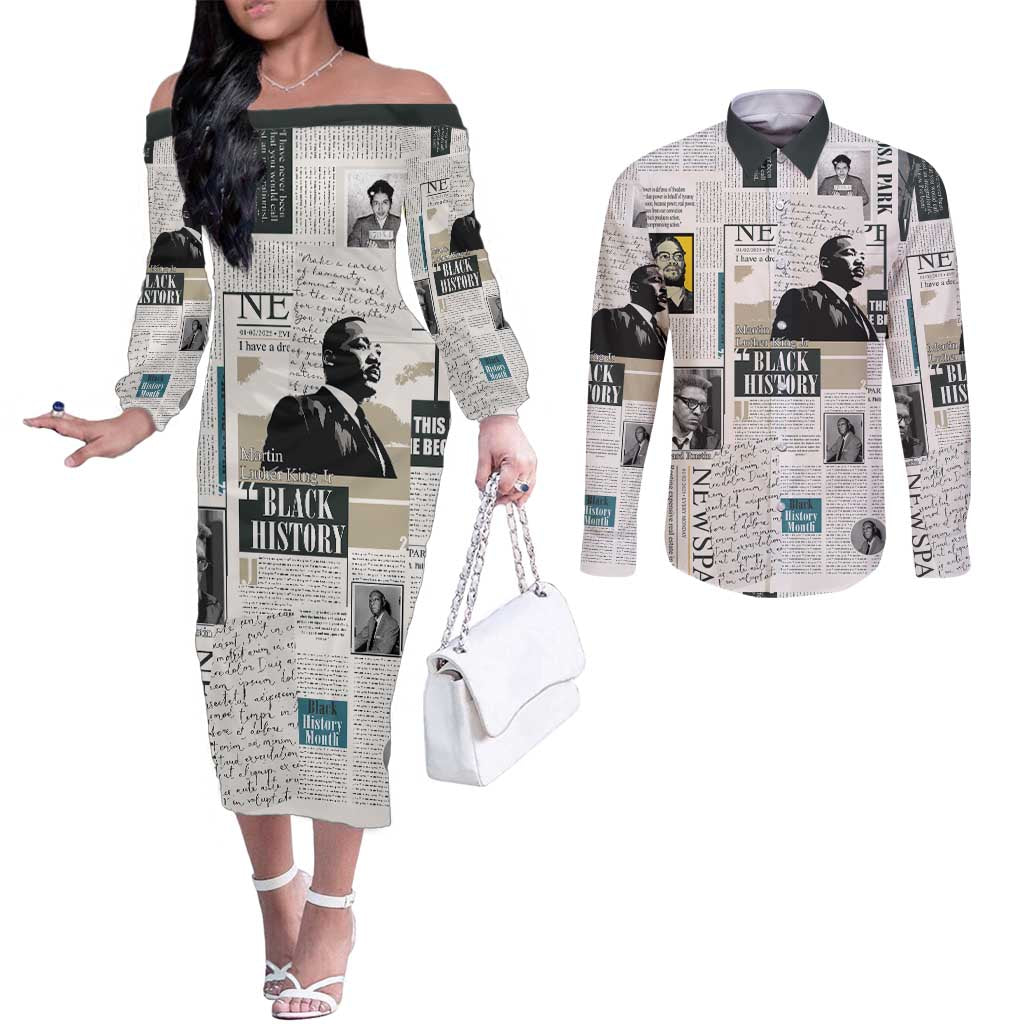 Civil Rights Leaders Couples Matching Off The Shoulder Long Sleeve Dress and Long Sleeve Button Shirt Newspaper Print Style