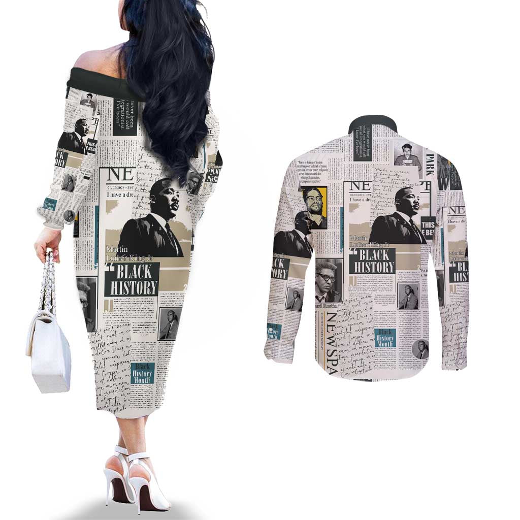 Civil Rights Leaders Couples Matching Off The Shoulder Long Sleeve Dress and Long Sleeve Button Shirt Newspaper Print Style