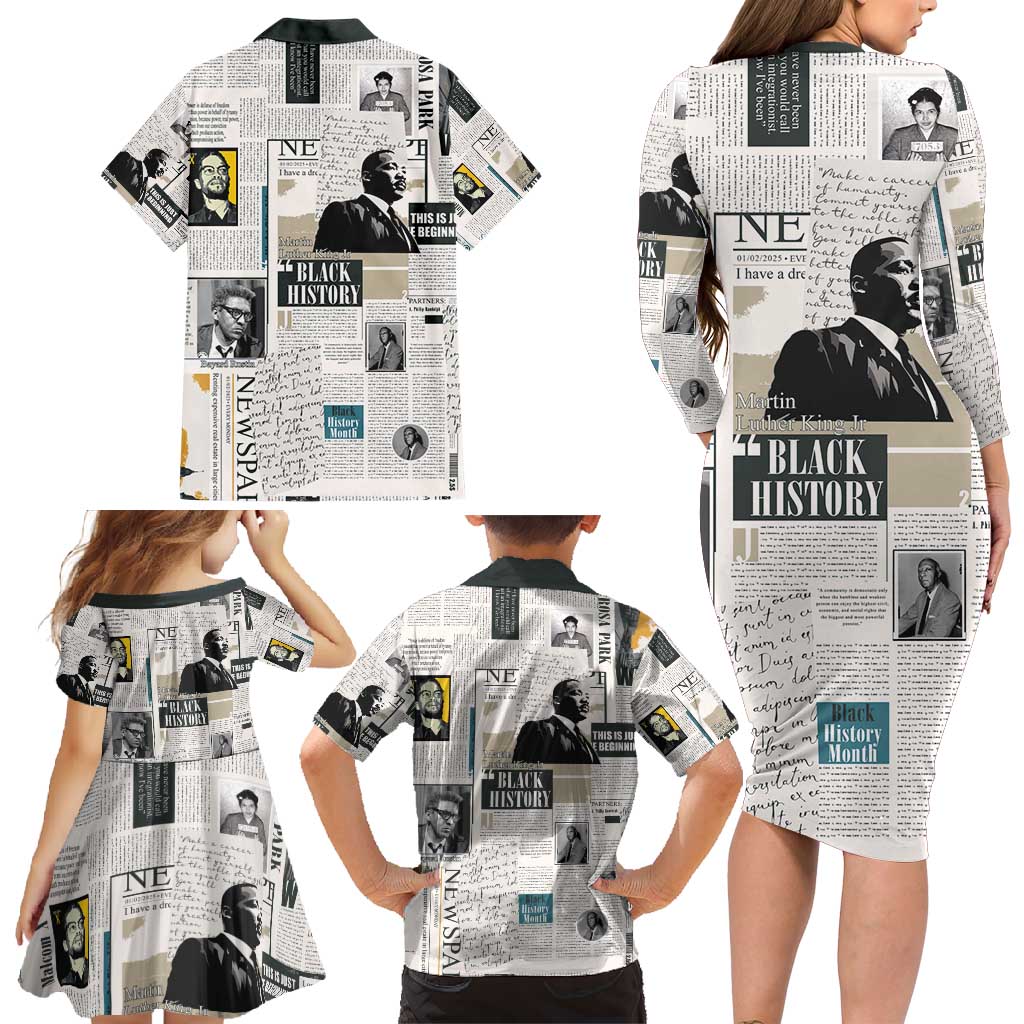 Civil Rights Leaders Family Matching Long Sleeve Bodycon Dress and Hawaiian Shirt Newspaper Print Style - Wonder Print Shop